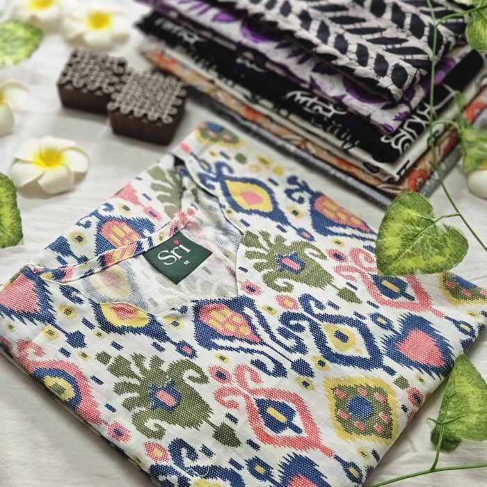 Women’s cotton printed kurti with multicolor ikat ethnic pattern