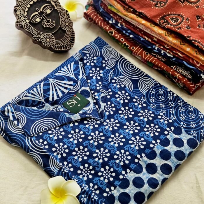 Women’s cotton kurti with indigo spiral and floral block print