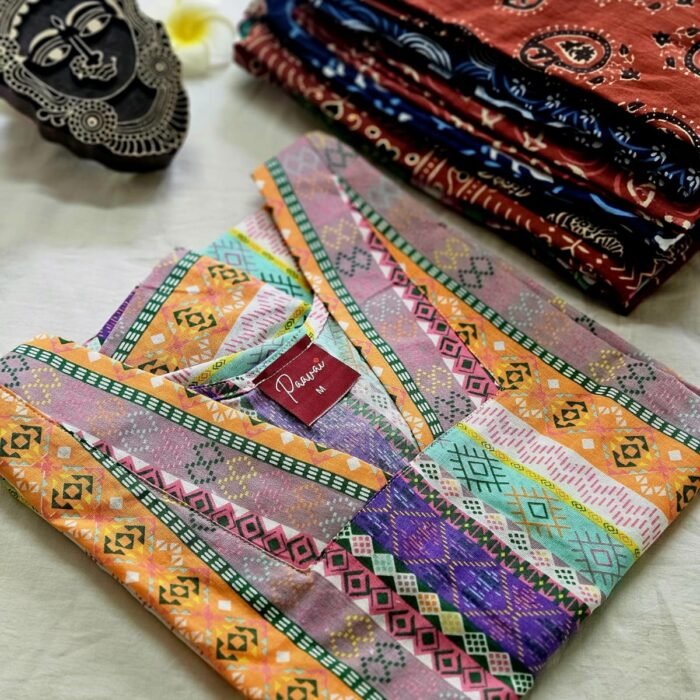 Women’s multicolor cotton kurti with tribal stripe geometric design