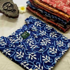 Women’s indigo blue cotton kurti with white leaf vine print