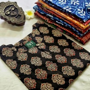 Women’s black cotton kurti with traditional floral motif print