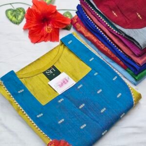 Mustard & Royal Blue Raw Silk Kurti - Elbow puff Sleeves