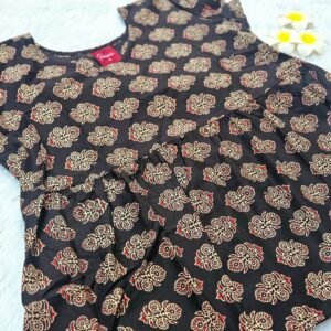 "Elegant Black Cotton Peplum Top with Brown Floral Prints"